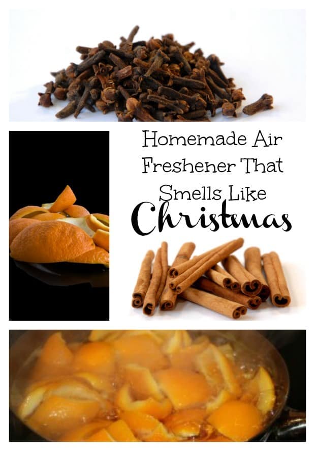 Make this homemade air freshener that smells like Christmas the whole holiday season! Made with 4 ingredients! Includes orange peels, cinnamon, cloves and water.