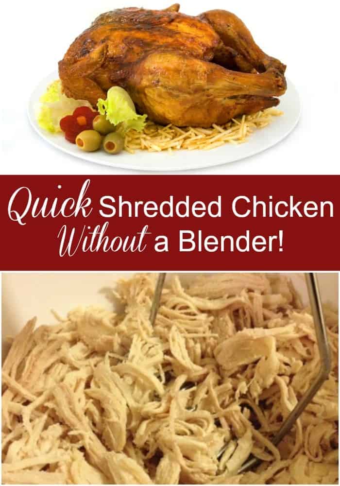 Learn a quick way to shred chicken in 30 seconds or less without a blender and very little clean up! This is perfect for quick dinners or batch cooking!