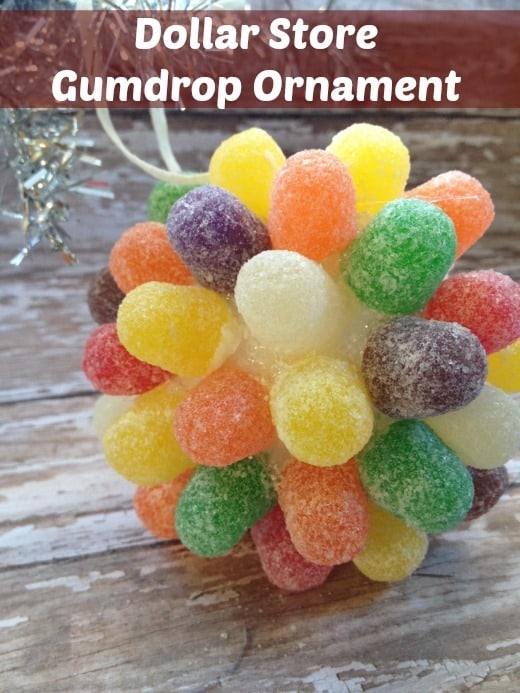 Round ornament made of gum drops candy and used to hang on a tree with string.