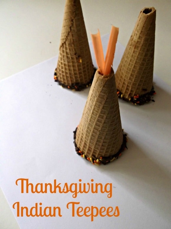 Of all the great thanksgiving kids crafts, I love this one the most! The kids love making these teepees using ice cream cones, chocolate, and sprinkles!