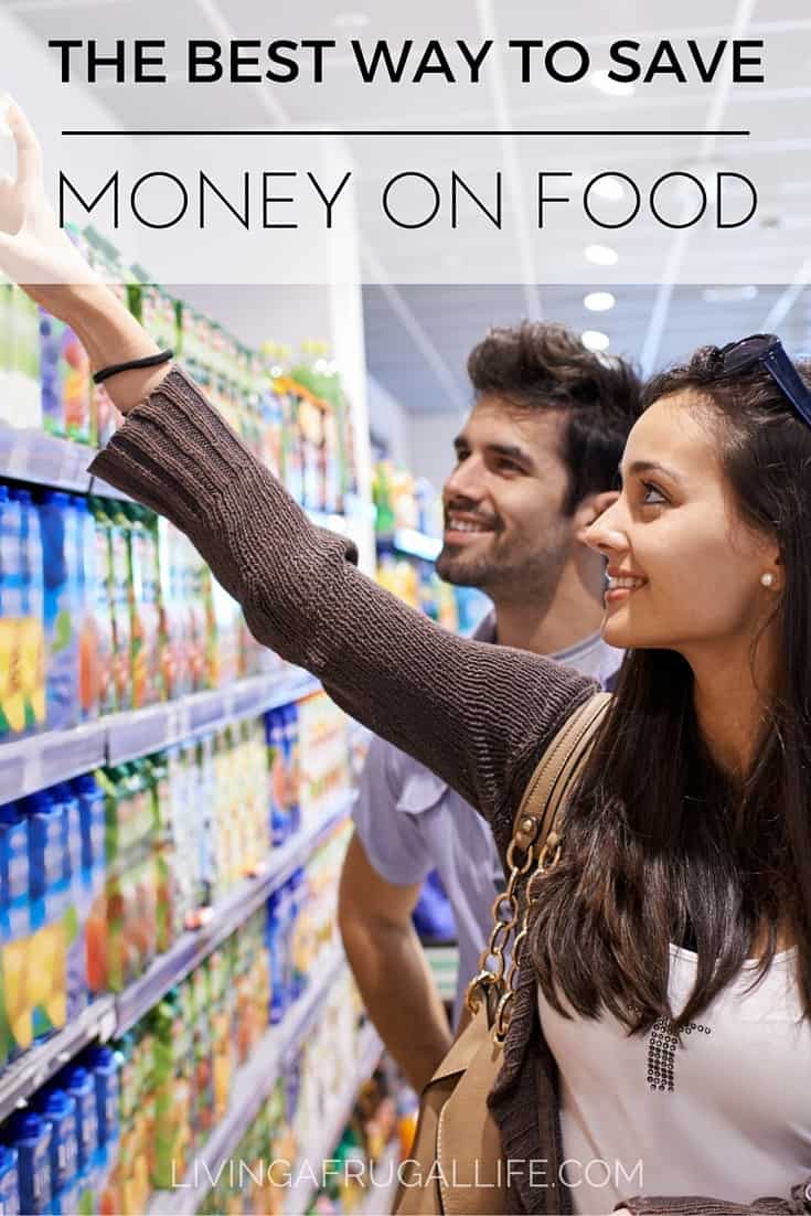couple shopping for food. The woman is reaching to pull an item off the shelf with a text overlay that says the best way to save money on food