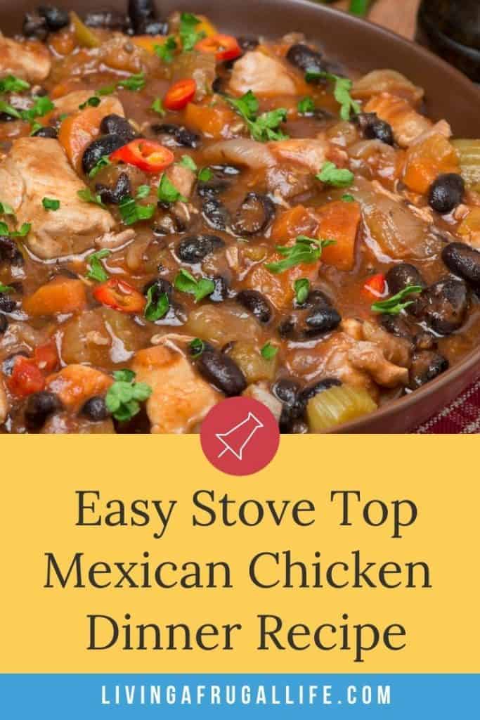 Close up picture of a bowl of the easy stove top mexican chicken recipe. It has a text on the picture that says easy stove top mexican chicken.