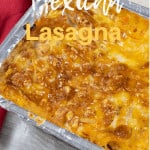 Aluminum dish of vegetarian mexican lasagna with tortillas