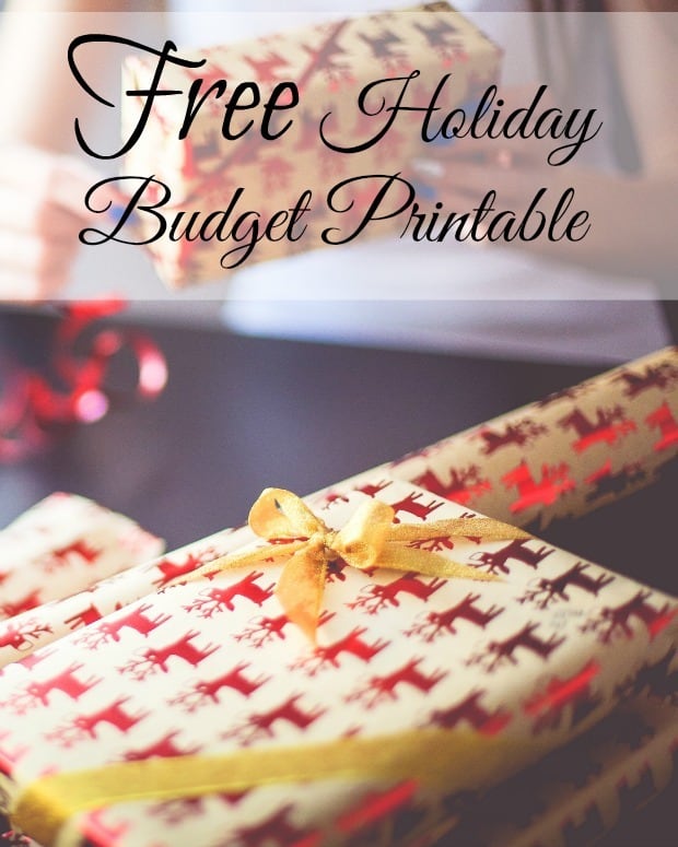 Wrapped christmas gift with red and cream wrapping paper. Text overlay that says free holiday budget printable