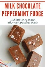 creamy milk chocolate fudge pieces on a white plate with crushed peppermint candy on top of the fudge.