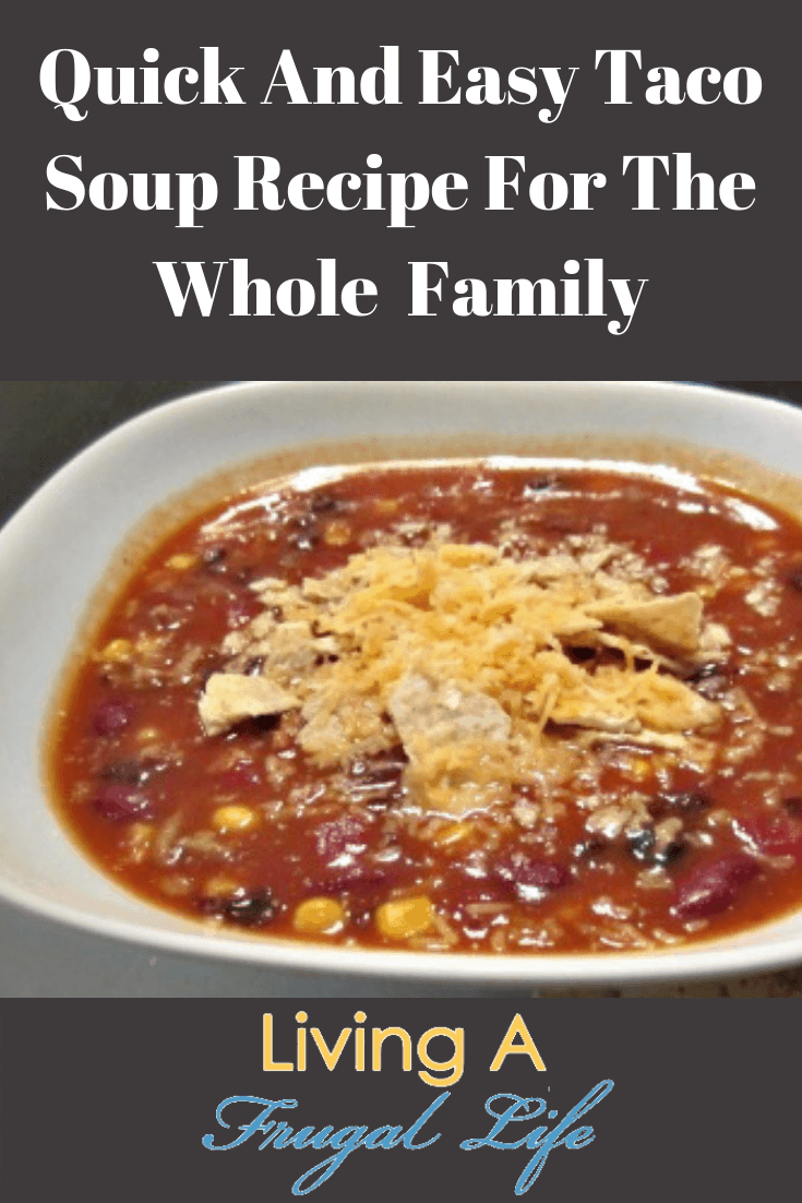 Image of the quick and easy taco soup recipe in a white bowl with a dark background