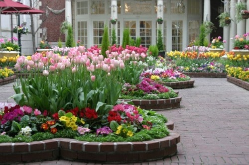 Raised flower bed gardens around a home with pink, yellow, and red flowers