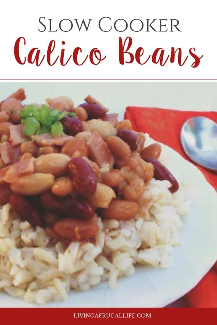 white plate of the calico beans recipe made in a slow cooker. There is a spoon on an orange towel next to the plate.