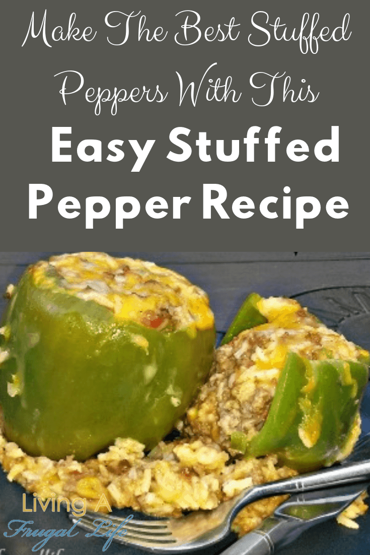 Green bell stuffed peppers filled with rice, cheese, tomatoes, onion, and ground beef to make an easy stuffed peppers recipe