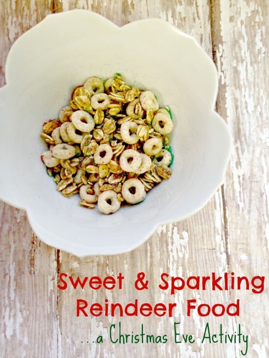 Use this Reindeer Food Recipe for a perfect Christmas Eve Activity or a perfect thing to make during a family christmas party! It is a perfect family time activity idea. The kids love to sprinkle it on the lawn Christmas Eve so the reindeer with have a reason to come visit with Santa.