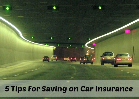 cars in a tunnel with their lights on with a text overlay that says 5 tips for saving money on car insurance