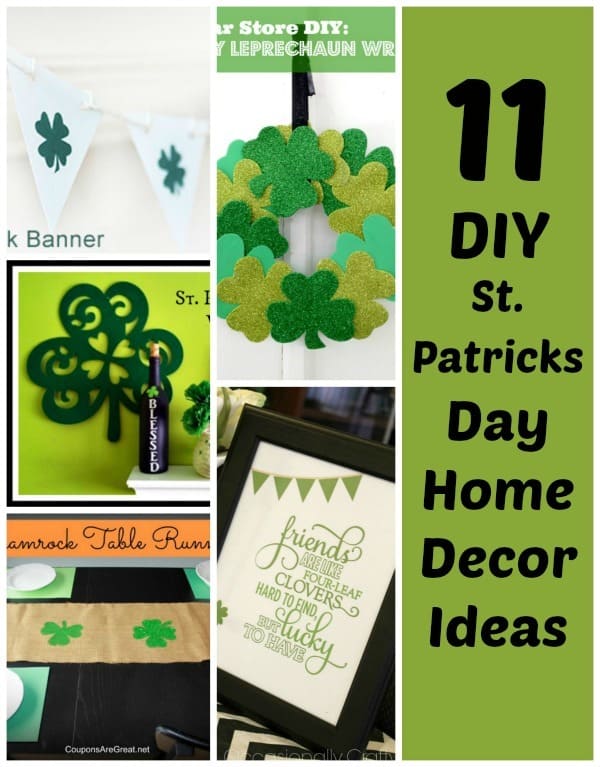 home decor ideas for st patricks day, pictures include a shamrock wreath, shamrock garland,