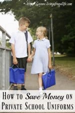 boy and girl holding hands while walking to school with text that says how to save money on private school uniforms