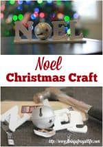 Finished wood craft that spells noel and stands on a table or shelf. Includes text overlay that says Noel Christmas Craft.