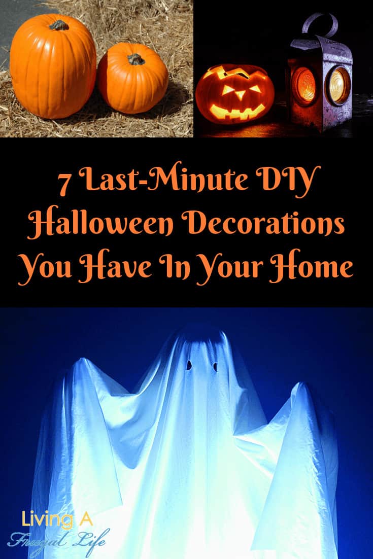 uncut pumpkins, carved pumpkins and an easy DIY halloween decoration ghost made of a white sheet