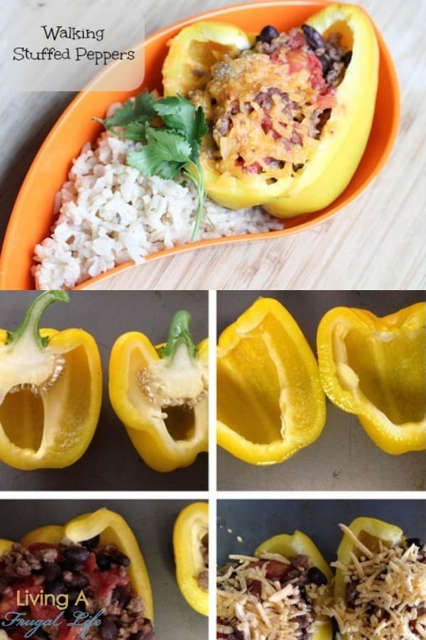 picture of yellow pepper with meat and bean mixture in it with cheese on top making it walking mexican stuffed peppers