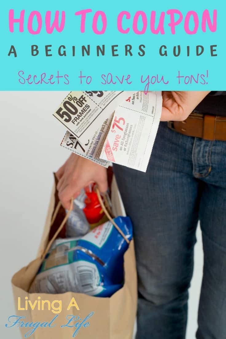 Woman holding coupons and a shopping bag with text overlay that says " How to coupon: A Beginner's guide Secrets to save you tons!"