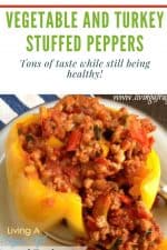 Ground turkey and vegetables with a tomato sauce in a yellow bell pepper with no top. Has a text overlay that says vegetable and turkey stuffed peppers.