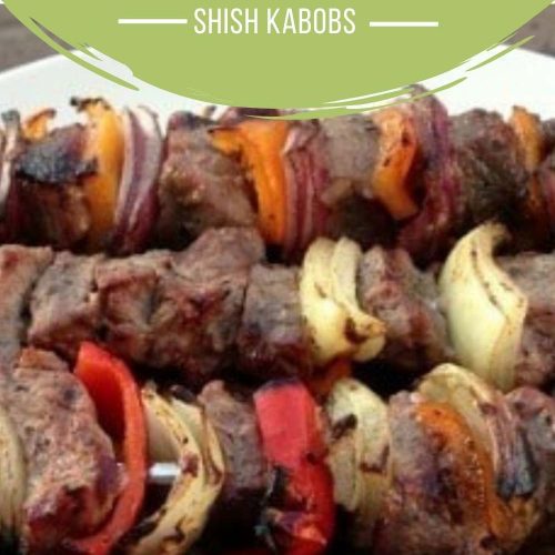 Close up of London Broil Beef Shish Kabobs with bell pepper, onion and London broil beef.