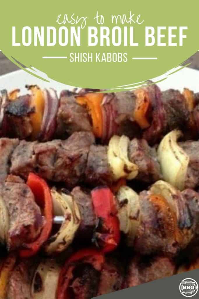 Close up of London Broil Beef Shish Kabobs with bell pepper, onion and London broil beef.