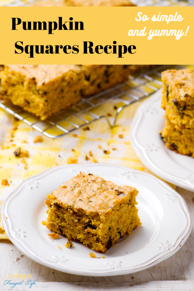 One square of the simple pumpkin squares recipe on a white plate with the pan of pumpkin bars in the background