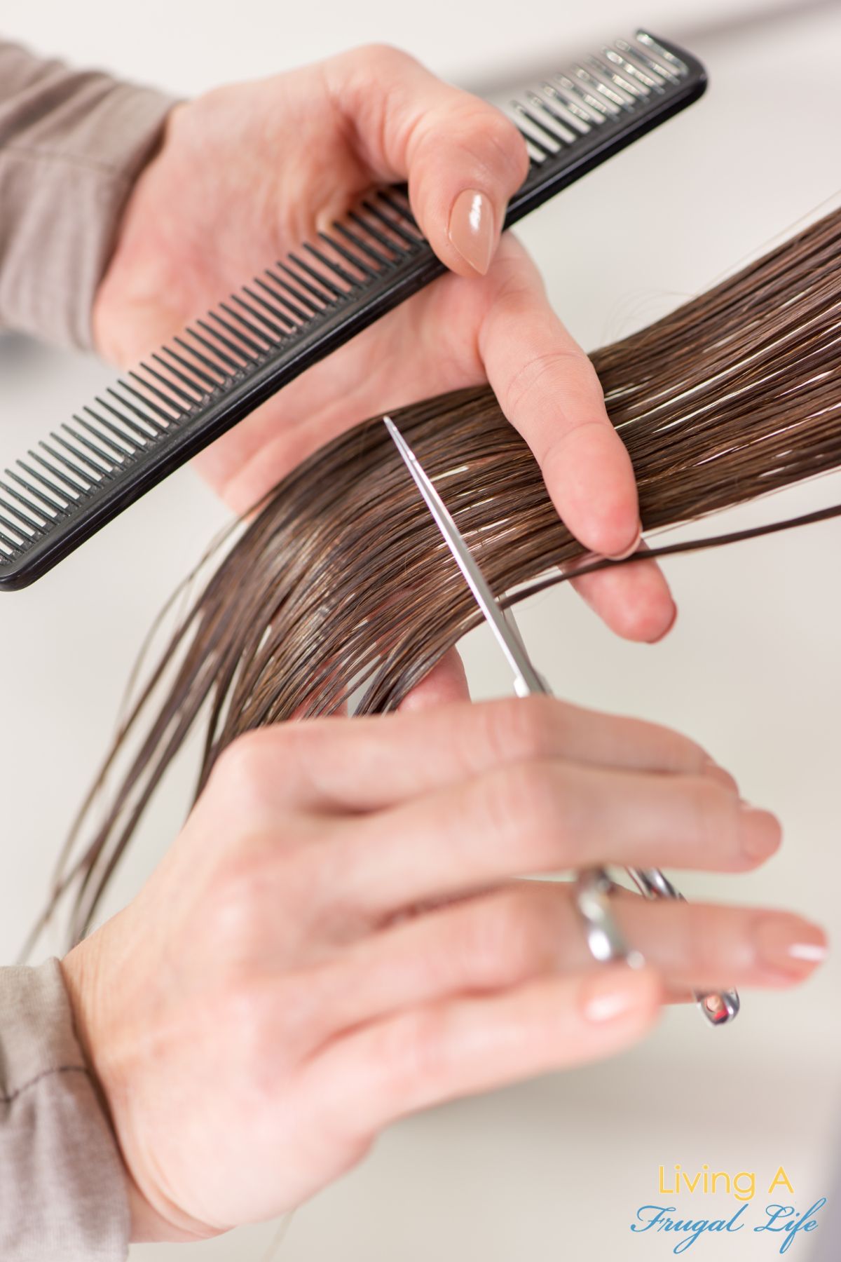 Close up of womans hands cutting long hair that is wet.